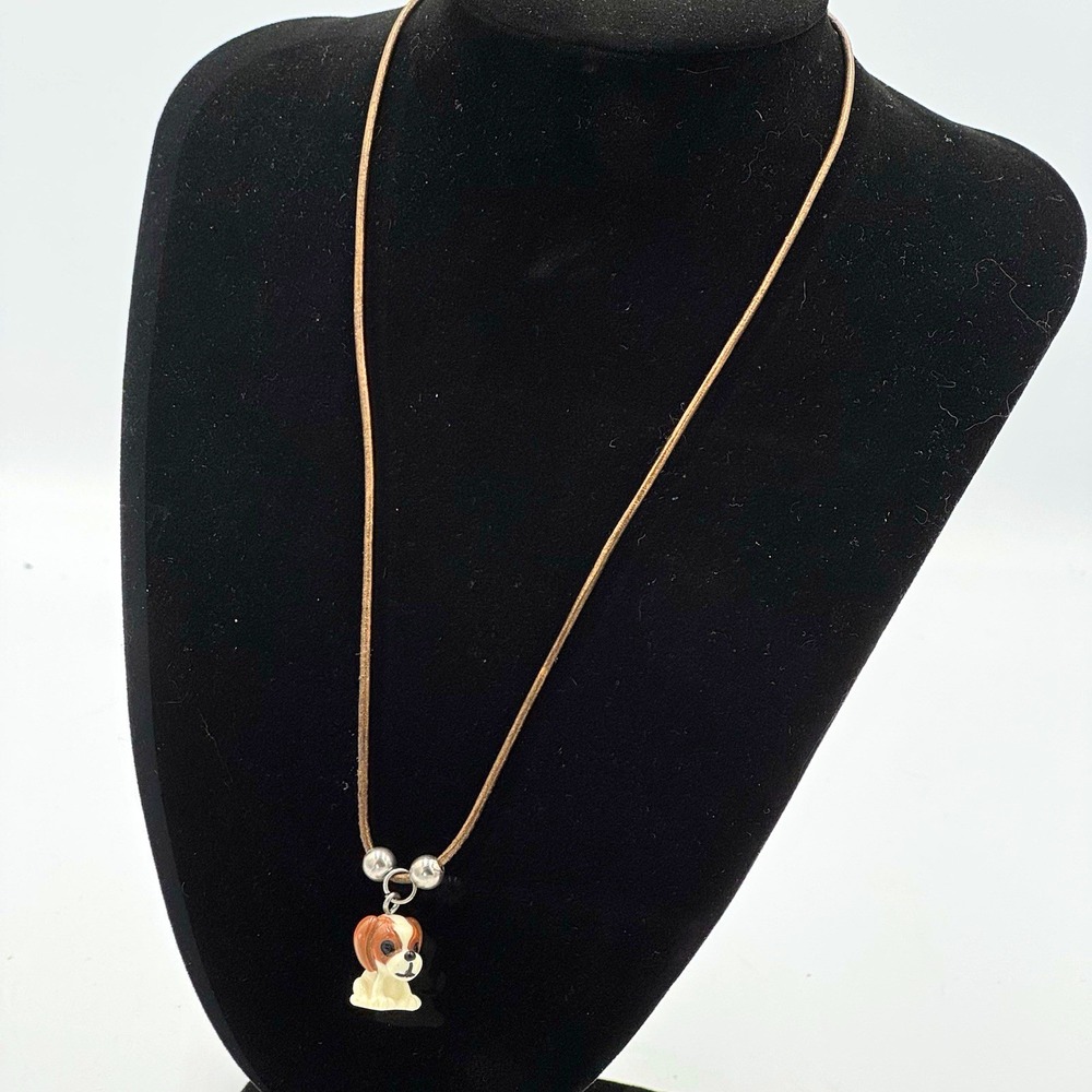 Dog Charm Pendant Necklace Brown Cord
